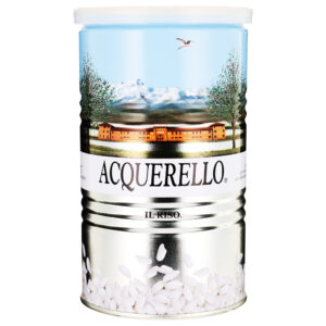 ACQ111102 Silberne Dose Acquerello Carnaroli Risotto-Reis mit Illustration eines Landguts vor schneebedeckten Bergen.