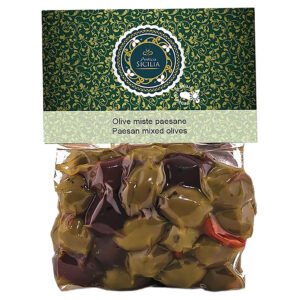 ANS141505 Antica Sicilia Paesan mixed olives in Vakuumverpackung mit grün-goldener Etikette.