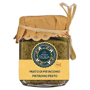 ANS161619 Glas Pesto di Pistacchio von Antica Sicilia mit beigem Papierdeckel und Schlaufe gebunden.