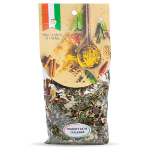 ARO193013 Spaghettata Italiana Gewürzmischung von Antica Drogheria del Castello im transparenten Beutel mit Dekorkarte.