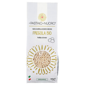 ART103003 Fregola Bio Teigwaren von il Pastaio di Nuoro in einer 500g-Packung mit Sichtfenster.
