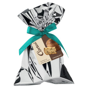 COR2324179 Silberne Geschenktüte von Cortesi für Panettone mit Schokolade, verziert mit einer gelben Schleife.