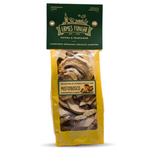 ERM186125 Gelbe Packung mit getrockneten Waldpilzen von Ermes Funghi vor weissem Hintergrund.