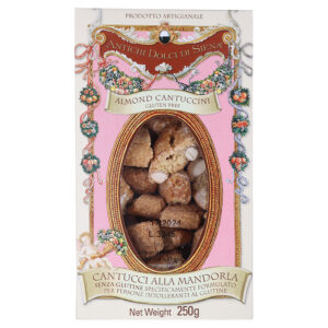 FDP232102 Verpackung Antichi Dolci di Siena Almond Cantuccini Gluten Free mit Mandeln im Sichtfenster, 250 Gramm.