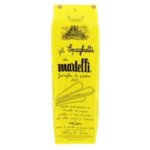 MAR101202 Gelbe Verpackung der Spaghetti dei Martelli aus Lari, Toskana, mit schwarzer Schrift und einer Burgzeichnung.