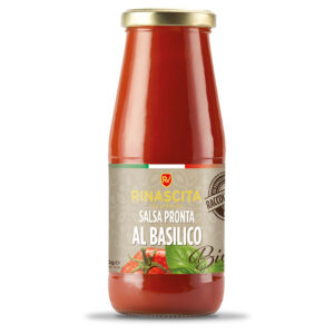 RIN174105 Flasche Rinascita Valledolmo Salsa Pronta al Basilico Bio mit Tomate und Basilikumblatt auf dem Etikett.