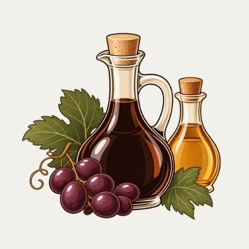 Illustration von zwei Glaskaraffen mit dunklem und hellem Essig, serviert mit einer Traubendolle und Weinblättern.