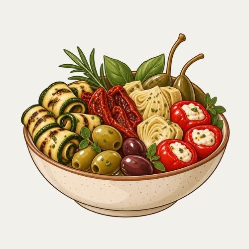 Schüssel mit gegrillten Zucchini-Röllchen, getrockneten Tomaten, Oliven, Artischocken und gefüllten Kirschpaprikas.
