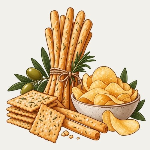 Illustration einer Aperitif-Auswahl mit Grissini, Cracker, Kartoffelchips in einer Schale und grünen Oliven.