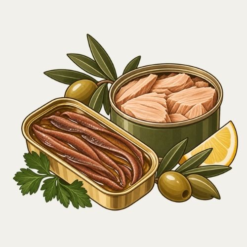 Illustration von zwei geöffneten Fischkonserven mit Sardellen und Thunfisch, dekoriert mit Oliven, Petersilie und Zitrone.