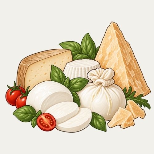 Illustration verschiedener italienischer Käsesorten wie Mozzarella, Burrata, Parmigiano, Ricotta und Tomaten mit Basilikum.
