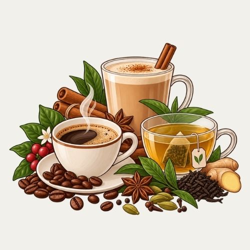 Illustration von Kaffee, Gewürzchai und grünem Tee mit Kaffeebohnen, Zimtstangen, Sternanis und Ingwer.