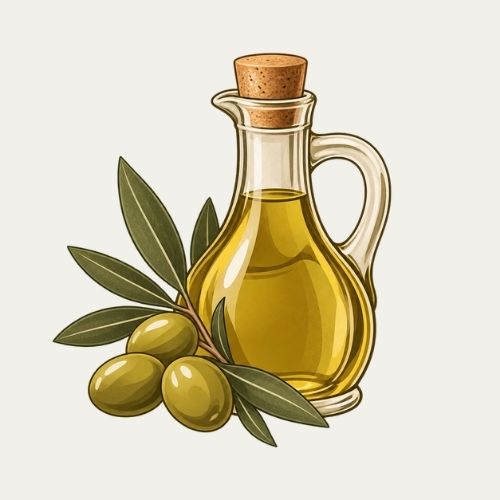 Illustration einer Glaskaraffe mit gelbem Olivenöl, Korken und einem Olivenzweig mit grünen Oliven davor.