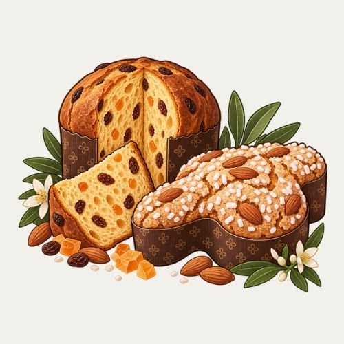 Illustration von traditionellem Panettone mit Rosinen, einer Scheibe und einer Colomba mit Mandeln und Hagelzucker.