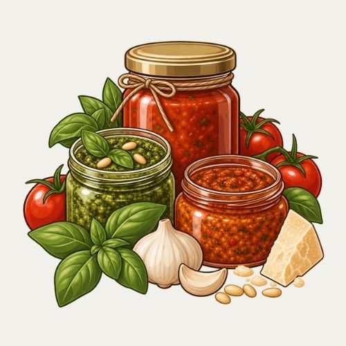 Illustration von Pesto-Gläsern, Basilikum, Tomaten, Knoblauch, Pinienkernen und Parmesankäse auf weisse Hintergrund.