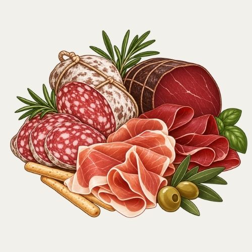 Illustration verschiedener italienischer Spezialitäten wie Salami, Rohschinken, Bresaola, Oliven und Grissini.