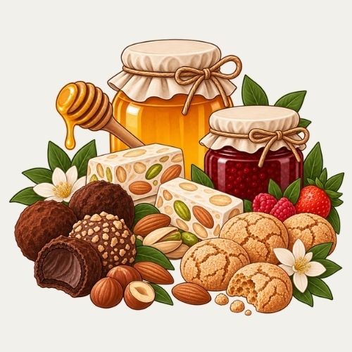 Illustration von Honigglas, Beerenmarmelade, Nougat, Schokoladentrüffeln, Amaretti-Gebäck, Nüssen und frischen Beeren.