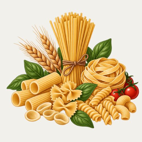 Illustration verschiedener Pastasorten wie Spaghetti, Rigatoni, Farfalle und Fusilli mit Weizenähren und Tomaten.