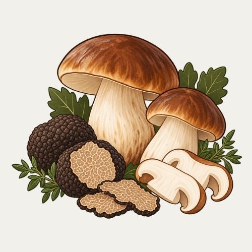 Illustration von zwei edlen Steinpilzen, schwarzen Trüffeln und feinen Trüffelscheiben auf hellem Hintergrund.