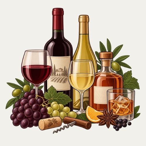 Illustration verschiedener alkoholischer Getränke mit Rotwein, Weisswein, Liquor, Trauben, Eiswürfeln und Gewürzen.